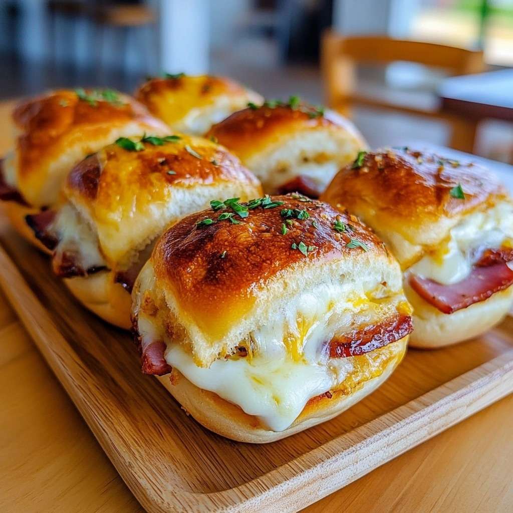 Mini ham and cheese sliders baked au gratin with golden tops and melted cheese served fresh from the oven