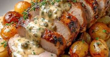 Sliced roasted pork tenderloin topped with creamy old-fashioned mustard sauce served with golden roasted baby potatoes