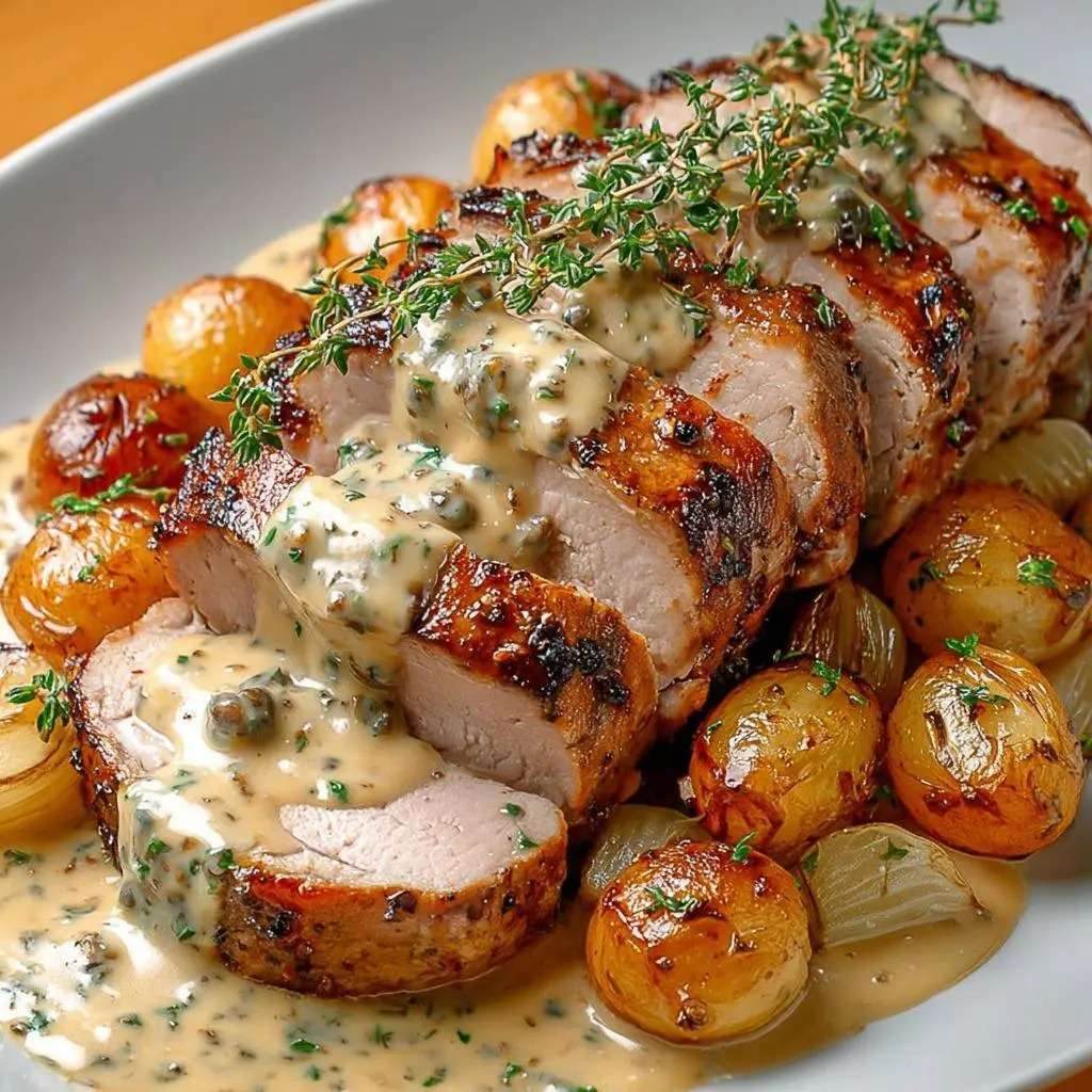 Sliced roasted pork tenderloin topped with creamy old-fashioned mustard sauce served with golden roasted baby potatoes