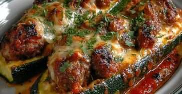 Baked stuffed zucchini halves filled with ground meat and tomato sauce, topped with melted golden cheese and fresh parsley