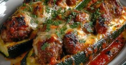 Baked stuffed zucchini halves filled with ground meat and tomato sauce, topped with melted golden cheese and fresh parsley
