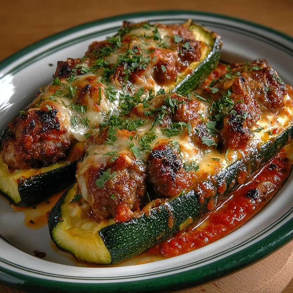 Baked stuffed zucchini halves filled with ground meat and tomato sauce, topped with melted golden cheese and fresh parsley