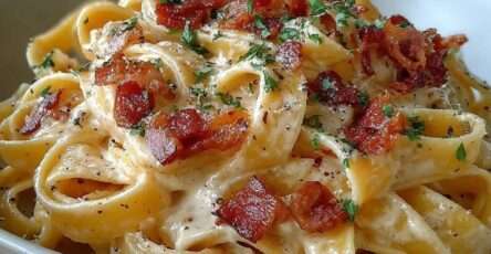 Creamy tagliatelle pasta with crispy bacon and melted cheese sauce, garnished with fresh parsley