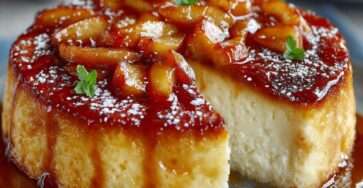 Ultra-creamy apple yogurt flan baked until golden, topped with caramel and served in slices