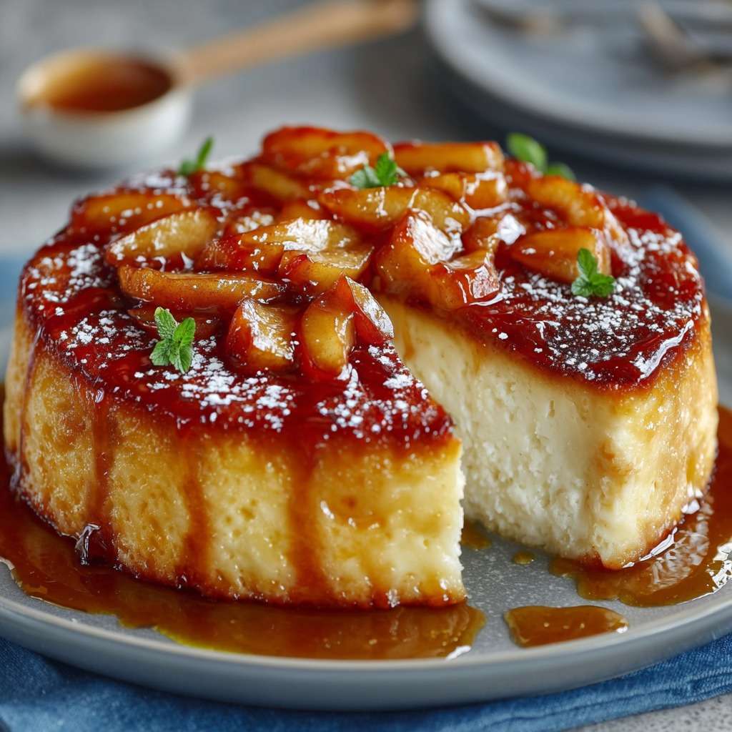 Ultra-creamy apple yogurt flan baked until golden, topped with caramel and served in slices