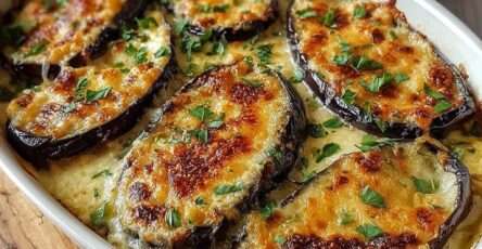 Golden eggplant gratin baked with melted mozzarella and Parmesan, creamy inside and topped with fresh parsley