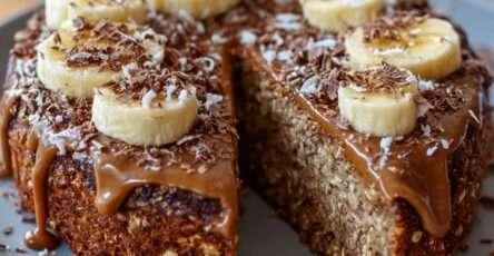 Healthy oat banana cocoa cake topped with sliced banana and dark chocolate shavings, showing a moist chocolate crumb