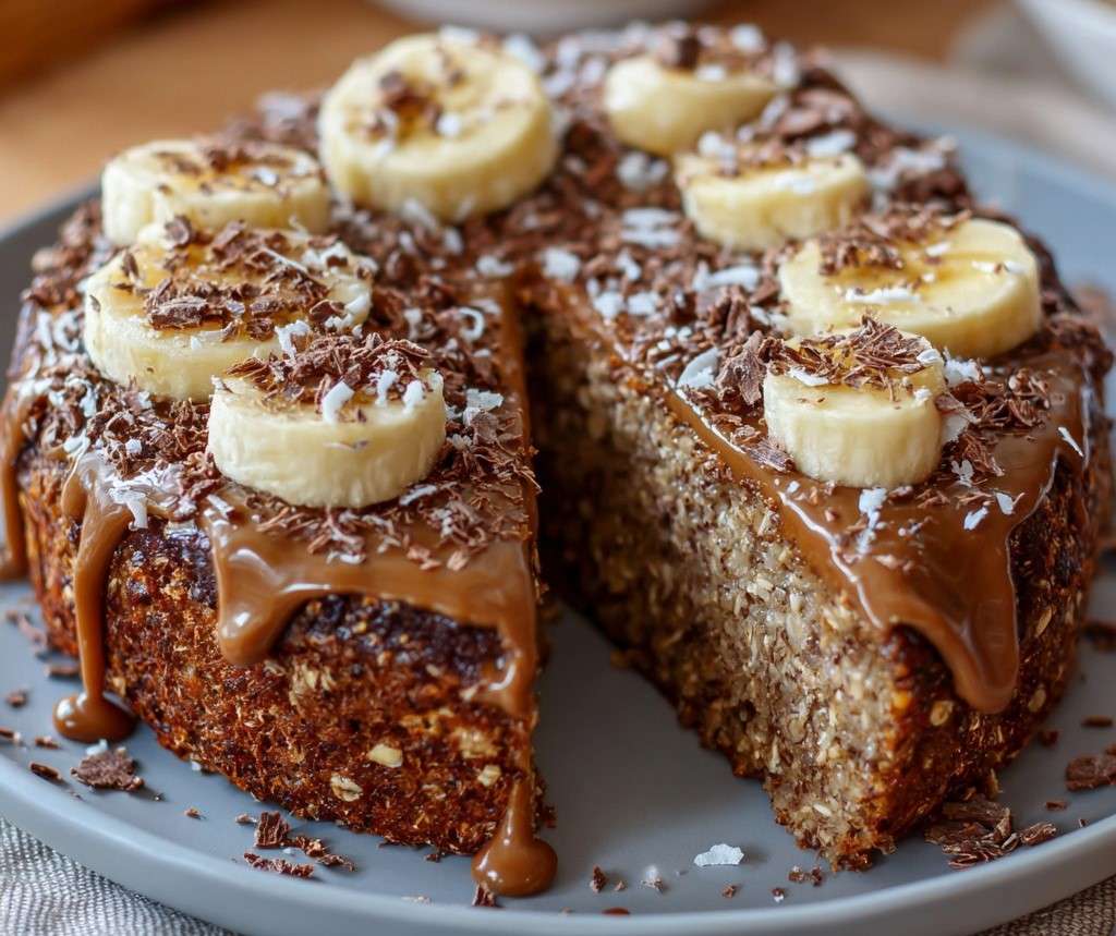 Healthy oat banana cocoa cake topped with sliced banana and dark chocolate shavings, showing a moist chocolate crumb