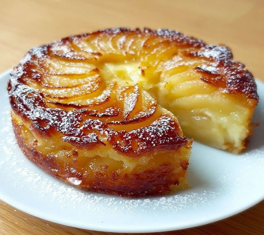 Super creamy apple tart with thin apple slices and lightly caramelized golden top dusted with powdered sugar