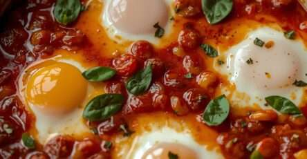 Tomato and chickpea baked eggs cooked in a skillet with paprika, basil, and perfectly set whites with runny yolks