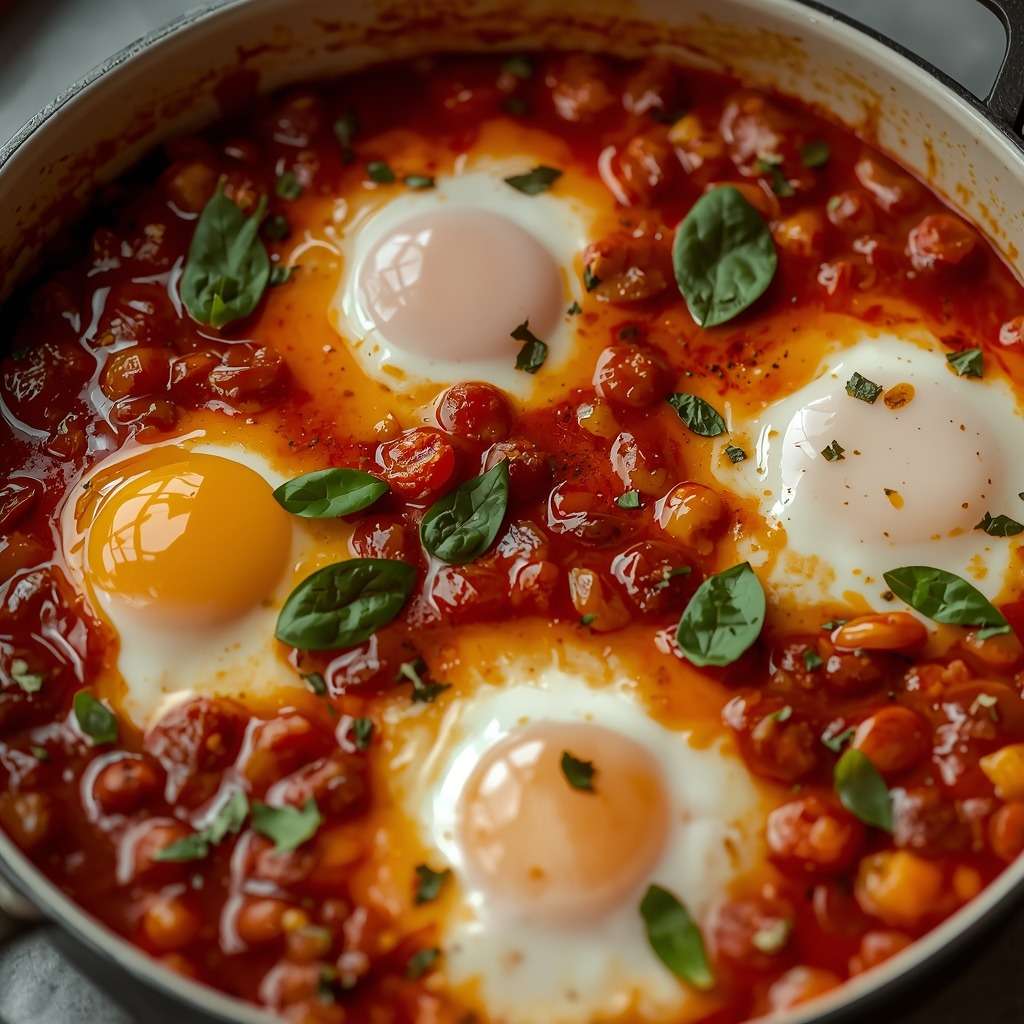 Tomato and chickpea baked eggs cooked in a skillet with paprika, basil, and perfectly set whites with runny yolks