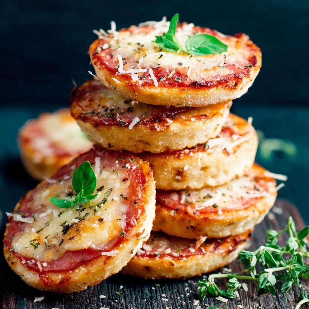 Easy mini crispy pizza bites topped with melted mozzarella, salami slices, tomato sauce, and fresh basil leaves