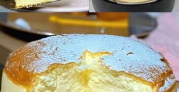 Ultra moist Japanese soufflé cheesecake dusted with icing sugar, tall and airy with a soft golden top and delicate, cloud-like interior texture on a white cake stand.