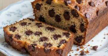 Moist chocolate chip cake sliced on a wooden board, soft golden crumb filled with melted chocolate chips and slightly crisp top surface.