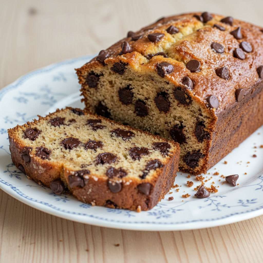 Moist chocolate chip cake sliced on a wooden board, soft golden crumb filled with melted chocolate chips and slightly crisp top surface.