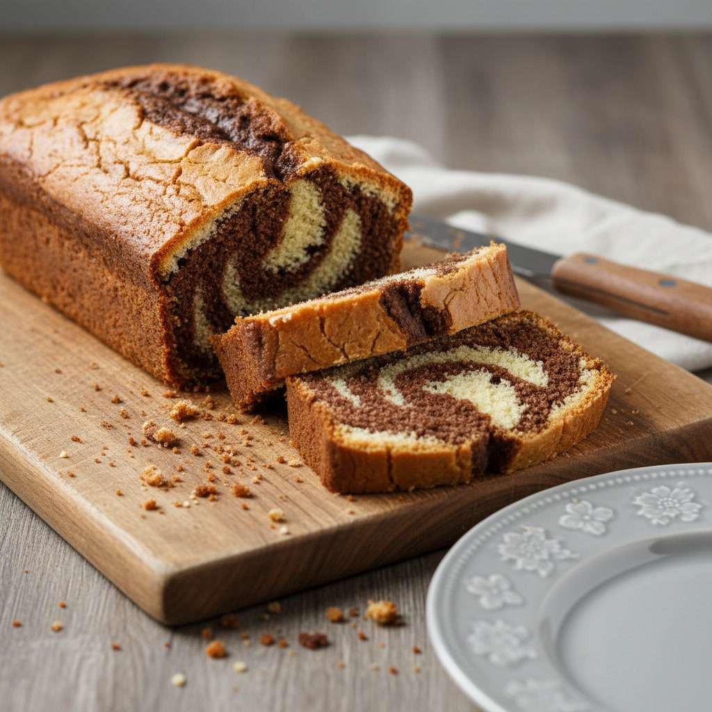 Slice of vanilla and chocolate marble cake showing distinct swirls of light vanilla and dark cocoa batter with soft, moist crumb and golden crust.