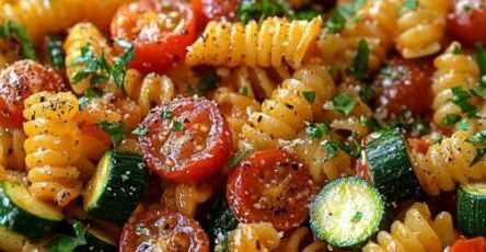 Fusilli pasta tossed with sautéed zucchini, cherry tomatoes, olive oil, garlic, and fresh herbs in a rustic pan