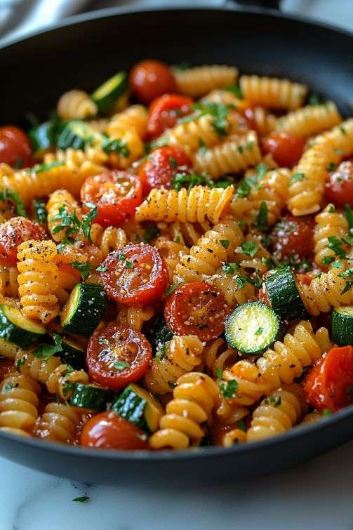 Fusilli pasta tossed with sautéed zucchini, cherry tomatoes, olive oil, garlic, and fresh herbs in a rustic pan