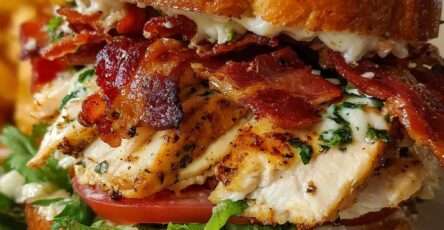 Stacked loaded chicken club sandwich with grilled sliced chicken breast, crispy bacon, tomato slices, fresh greens, and garlic herb mayonnaise on golden toasted sourdough bread.
