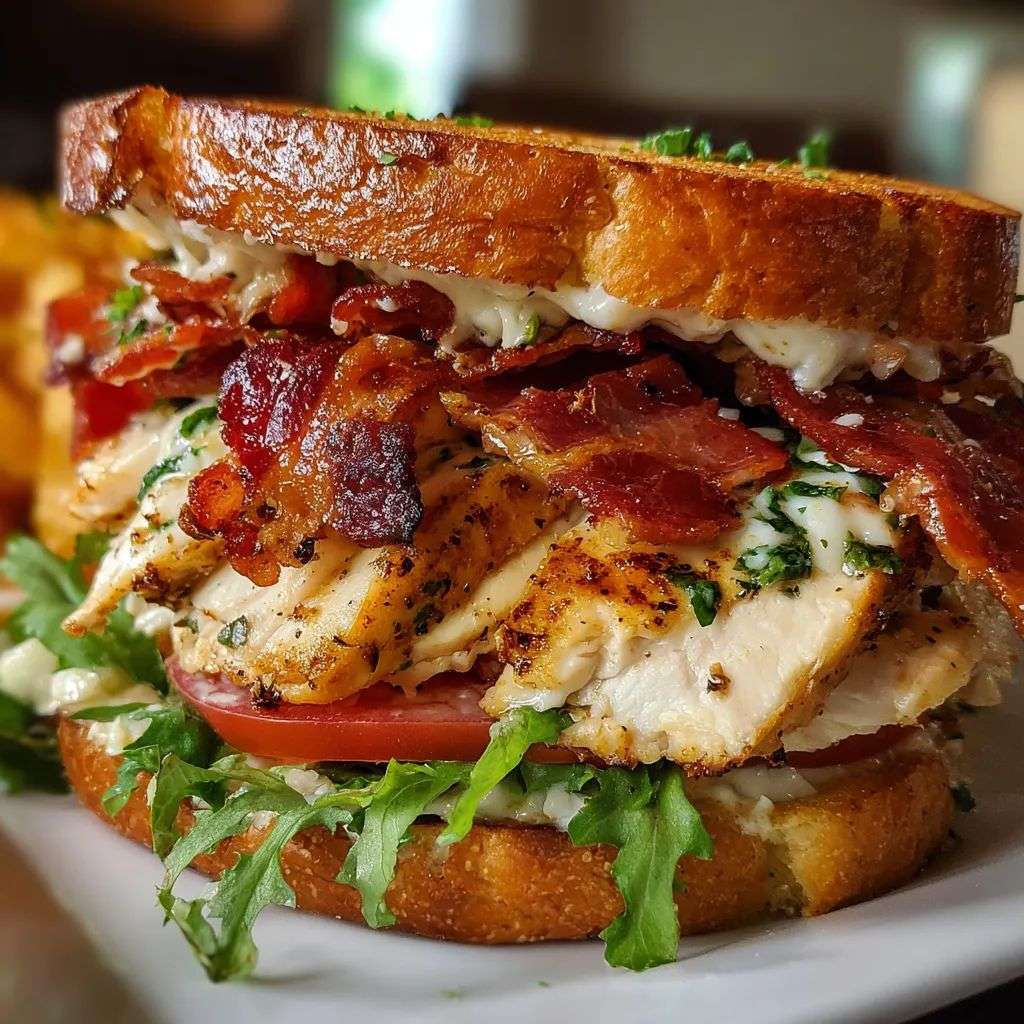 Stacked loaded chicken club sandwich with grilled sliced chicken breast, crispy bacon, tomato slices, fresh greens, and garlic herb mayonnaise on golden toasted sourdough bread.
