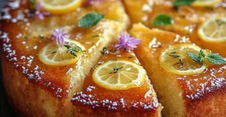 Moist lemon and honey butter cake topped with candied lemon slices, honey drizzle, and fresh mint leaves on a serving plate.