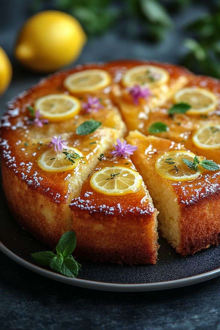 Moist lemon and honey butter cake topped with candied lemon slices, honey drizzle, and fresh mint leaves on a serving plate.
