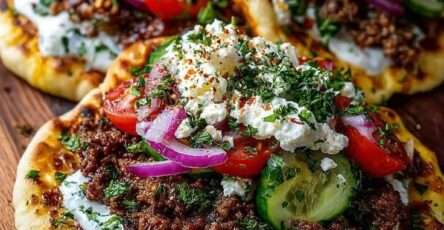 Mini Mediterranean lahmacun bites on crispy flatbread rounds topped with spiced ground beef, cucumber slices, cherry tomatoes, red onion, feta cheese, and garlic yogurt drizzle.