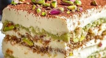 No-bake pistachio tiramisu with creamy mascarpone layers, pistachio cream, cocoa powder, and chopped pistachios on top