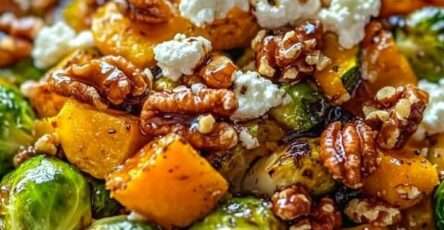 Warm roasted butternut squash and Brussels sprouts salad topped with toasted pecans, crumbled goat cheese, and maple balsamic glaze in a large serving bowl.