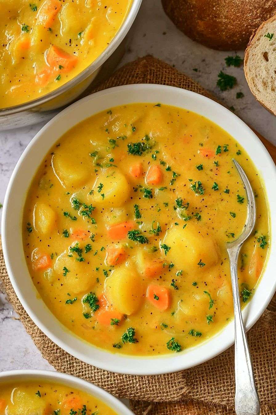 A bowl of classic German Kartoffelsuppe made with potatoes, carrots, leeks, celery, fresh parsley, and sliced sausages, served hot with rustic bread on the side.