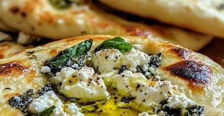 Golden skillet flatbreads stuffed with mint and feta, brushed with olive oil and topped with crumbled feta, fresh basil, and cracked black pepper