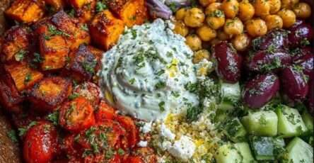 Mediterranean quinoa bowl with roasted sweet potato cubes and crispy chickpeas, cherry tomatoes, cucumbers, red onion, olives, feta, and tzatziki