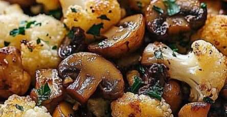 Golden cauliflower florets and seared mushrooms in a skillet coated with garlic butter, thyme, and fresh parsley, served as a hot side dish