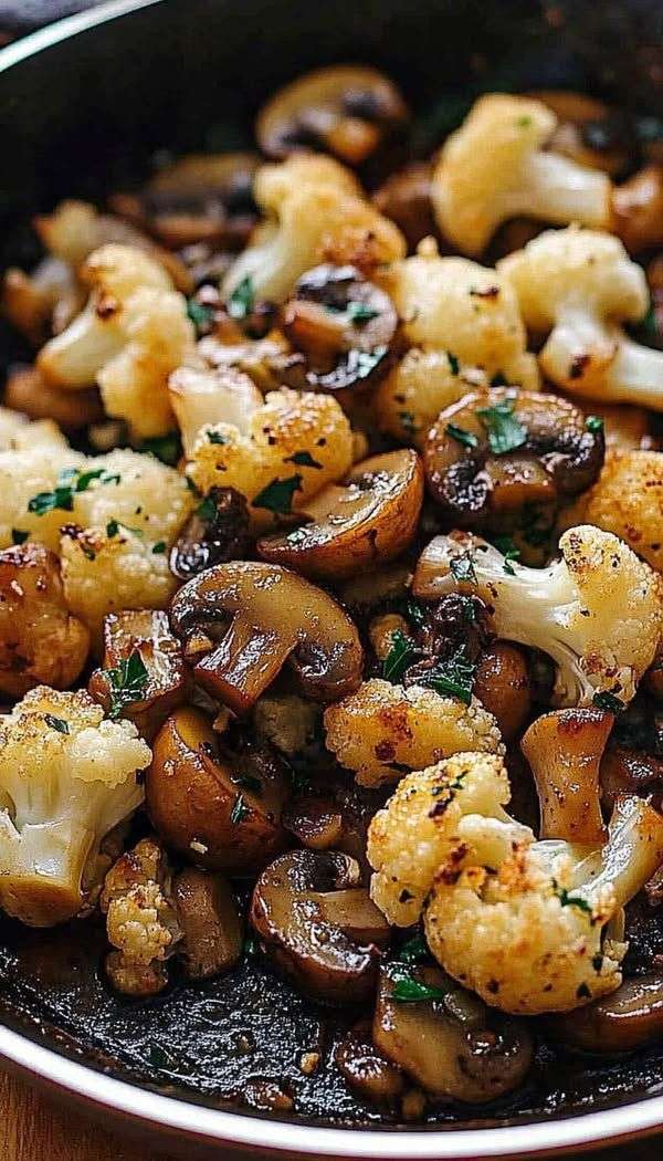 Golden cauliflower florets and seared mushrooms in a skillet coated with garlic butter, thyme, and fresh parsley, served as a hot side dish