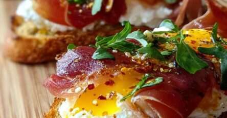 Crispy toasted crostini topped with creamy burrata, delicate prosciutto, poached eggs, fresh arugula, red pepper flakes, olive oil, and balsamic glaze on a rustic serving platter.