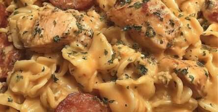A bowl of crockpot cheddar ranch chicken and sausage pasta with creamy sauce, melted cheese, sliced sausage, and tender chicken pieces garnished with parsley.