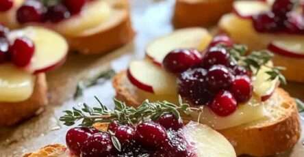 Golden toasted crostini topped with melted Brie cheese, thin apple slices, cranberries, honey drizzle, and fresh thyme on a rustic serving board.