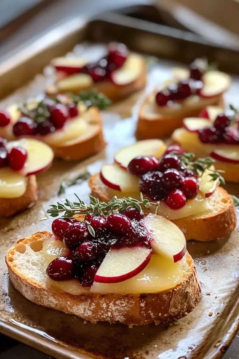 Golden toasted crostini topped with melted Brie cheese, thin apple slices, cranberries, honey drizzle, and fresh thyme on a rustic serving board.
