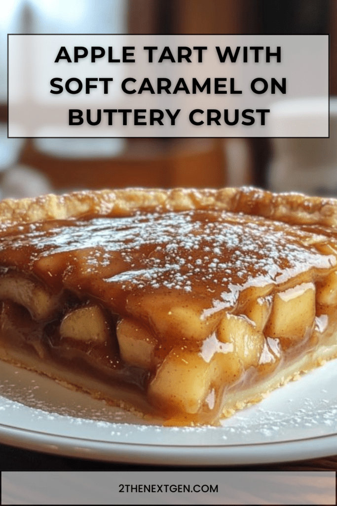 Golden apple tart on a shortcrust pastry topped with soft salted caramel drizzle, cinnamon-spiced apple cubes, and a light dusting of powdered sugar