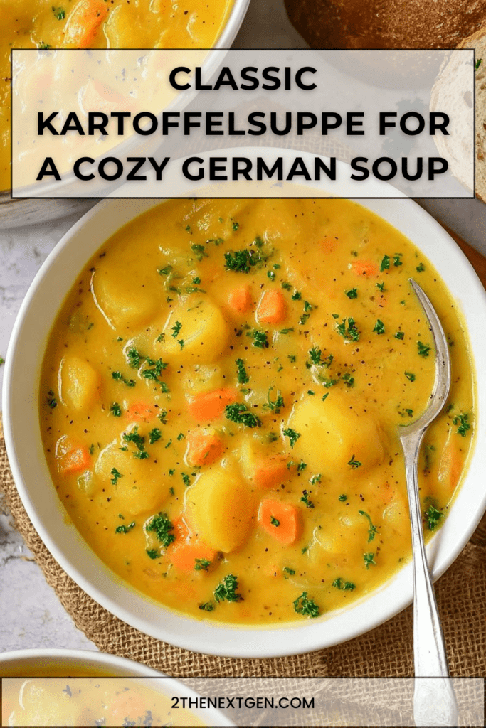 A bowl of classic German Kartoffelsuppe made with potatoes, carrots, leeks, celery, fresh parsley, and sliced sausages, served hot with rustic bread on the side.