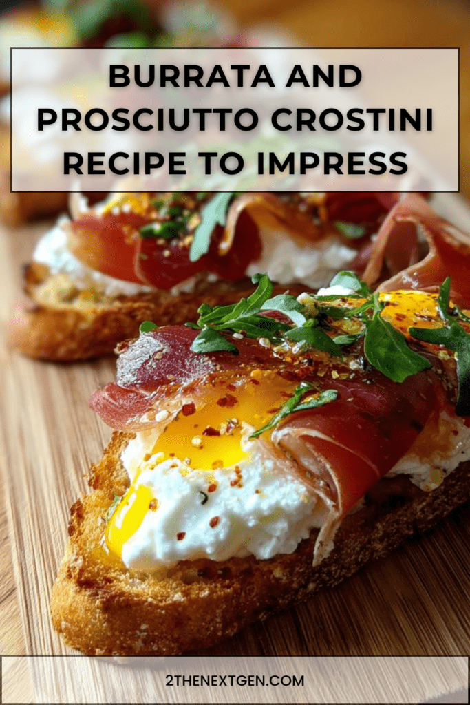 Crispy toasted crostini topped with creamy burrata, delicate prosciutto, poached eggs, fresh arugula, red pepper flakes, olive oil, and balsamic glaze on a rustic serving platter.
