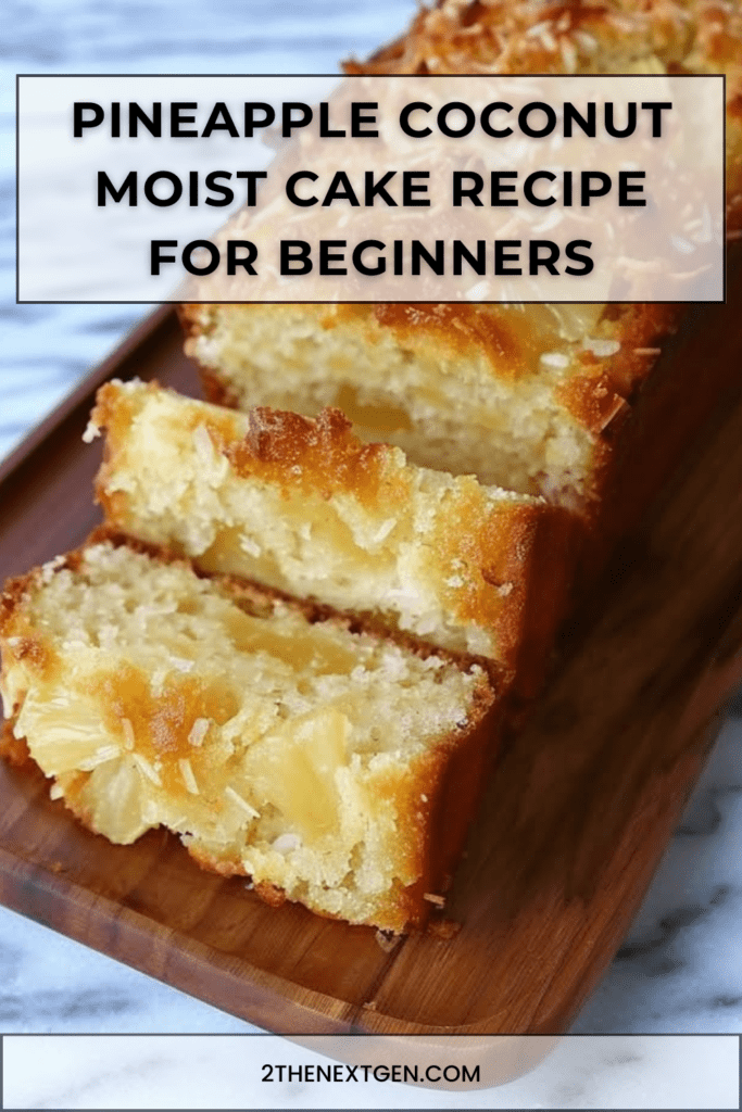 Golden pineapple and coconut moist cake sliced on a plate, showing a soft crumb with juicy pineapple chunks and a light topping of shredded coconut.