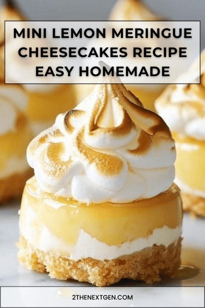 Mini lemon meringue cheesecakes with a buttery biscuit crust, creamy lemon filling, tangy lemon curd layer, and toasted golden meringue topping.