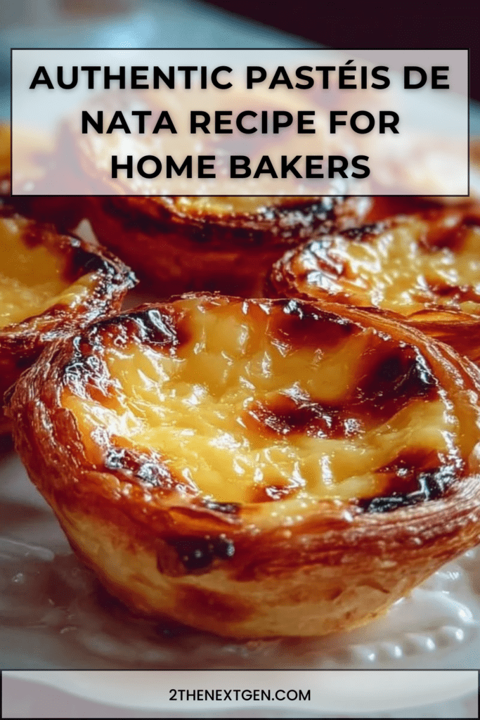Golden Pastéis de Nata arranged on a plate, with flaky puff pastry shells and creamy custard centers caramelized on top, lightly dusted with cinnamon and powdered sugar.