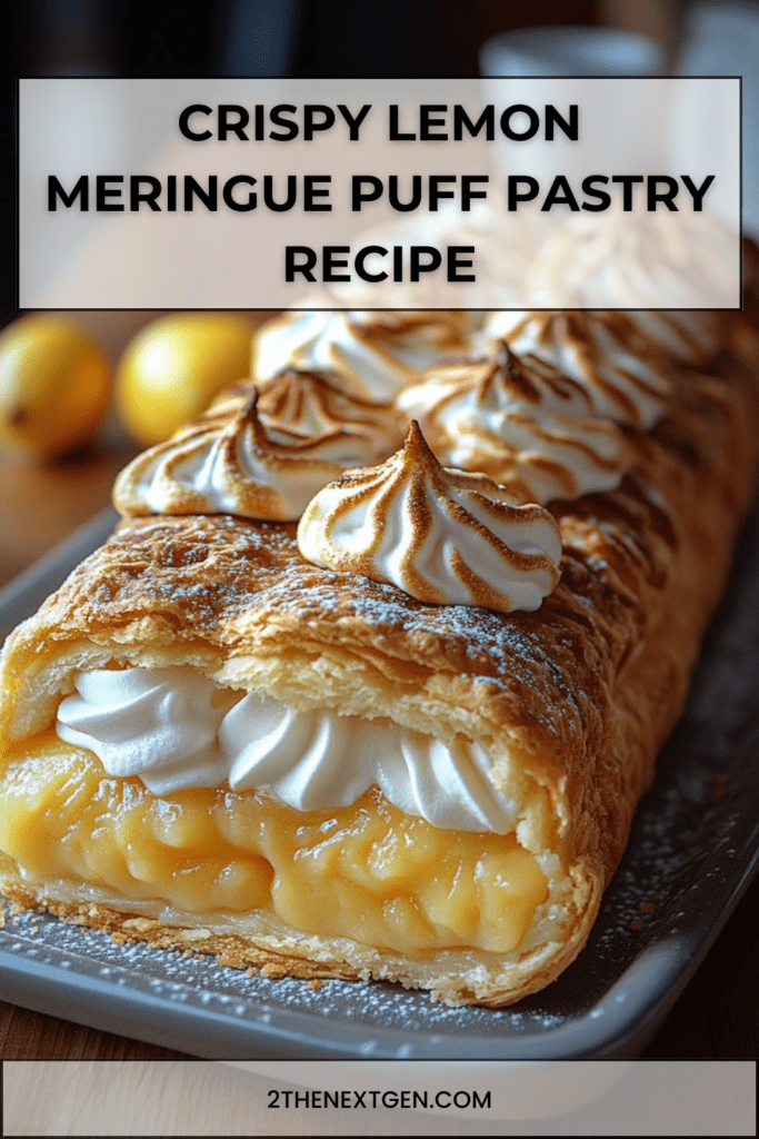 Golden crispy lemon meringue puff pastry layered with smooth lemon cream and whipped cream, topped with piped toasted meringue and finished with a light caramelized surface.