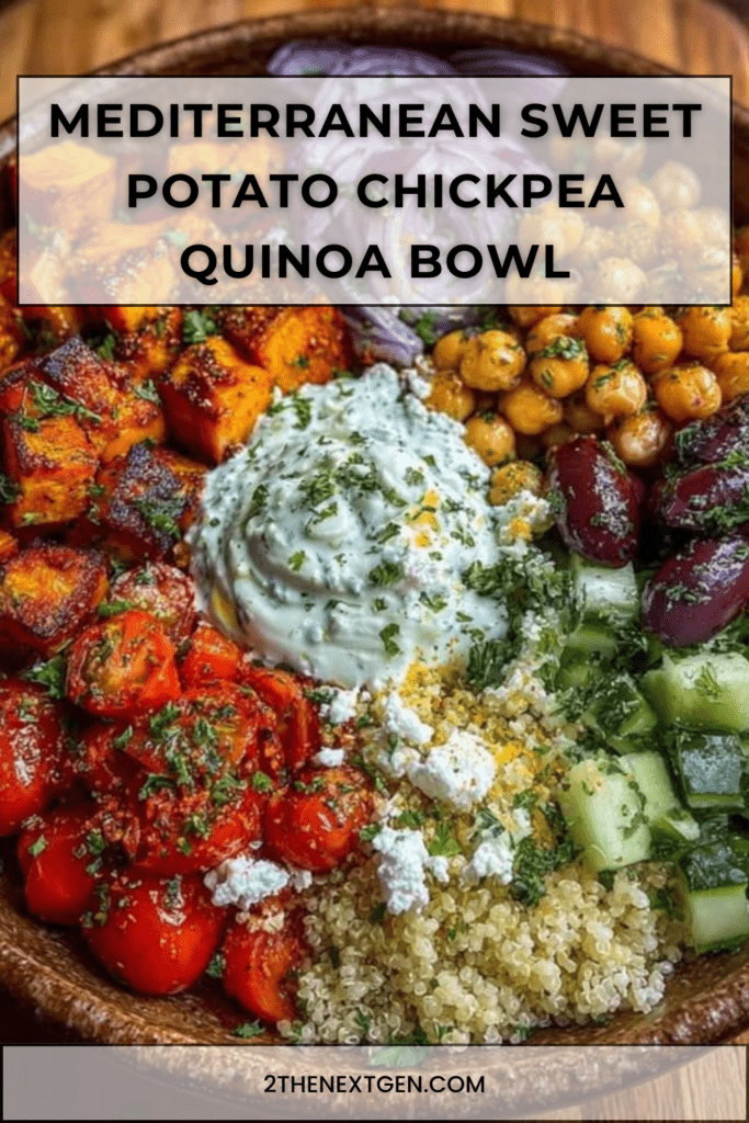 Mediterranean quinoa bowl with roasted sweet potato cubes and crispy chickpeas, cherry tomatoes, cucumbers, red onion, olives, feta, and tzatziki