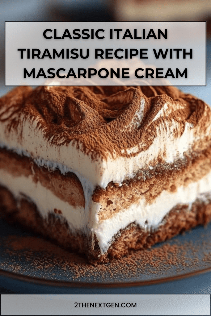Classic Italian tiramisu dessert layered with coffee-soaked ladyfingers and creamy mascarpone filling, topped with a dusting of unsweetened cocoa powder.
