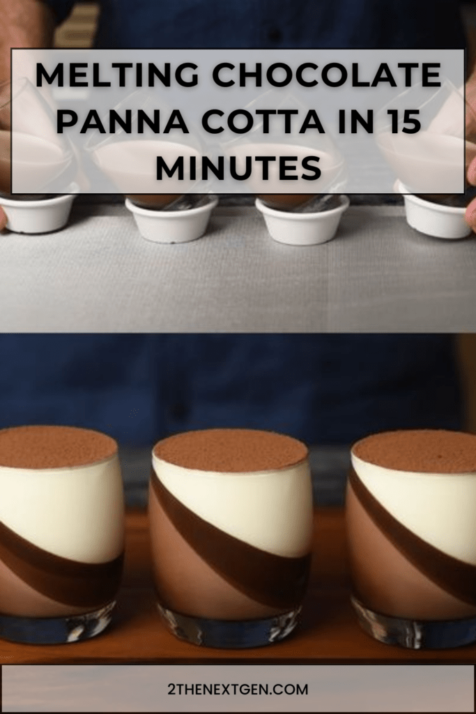 Four glasses of melting chocolate panna cotta set at a slight angle, topped with cocoa powder, showing a smooth glossy texture and rich dark color.