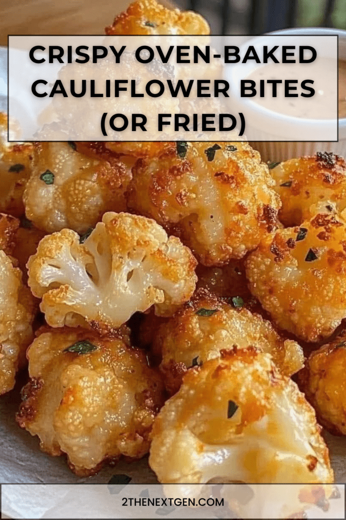 Golden crispy cauliflower bites on a parchment-lined tray, coated in breadcrumbs and Parmesan, with a creamy dipping sauce in a small bowl.