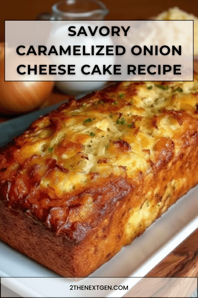Golden loaf-style savory cake sliced on a board, filled with caramelized onions and melted cheese, with a lightly browned crust and soft moist crumb.